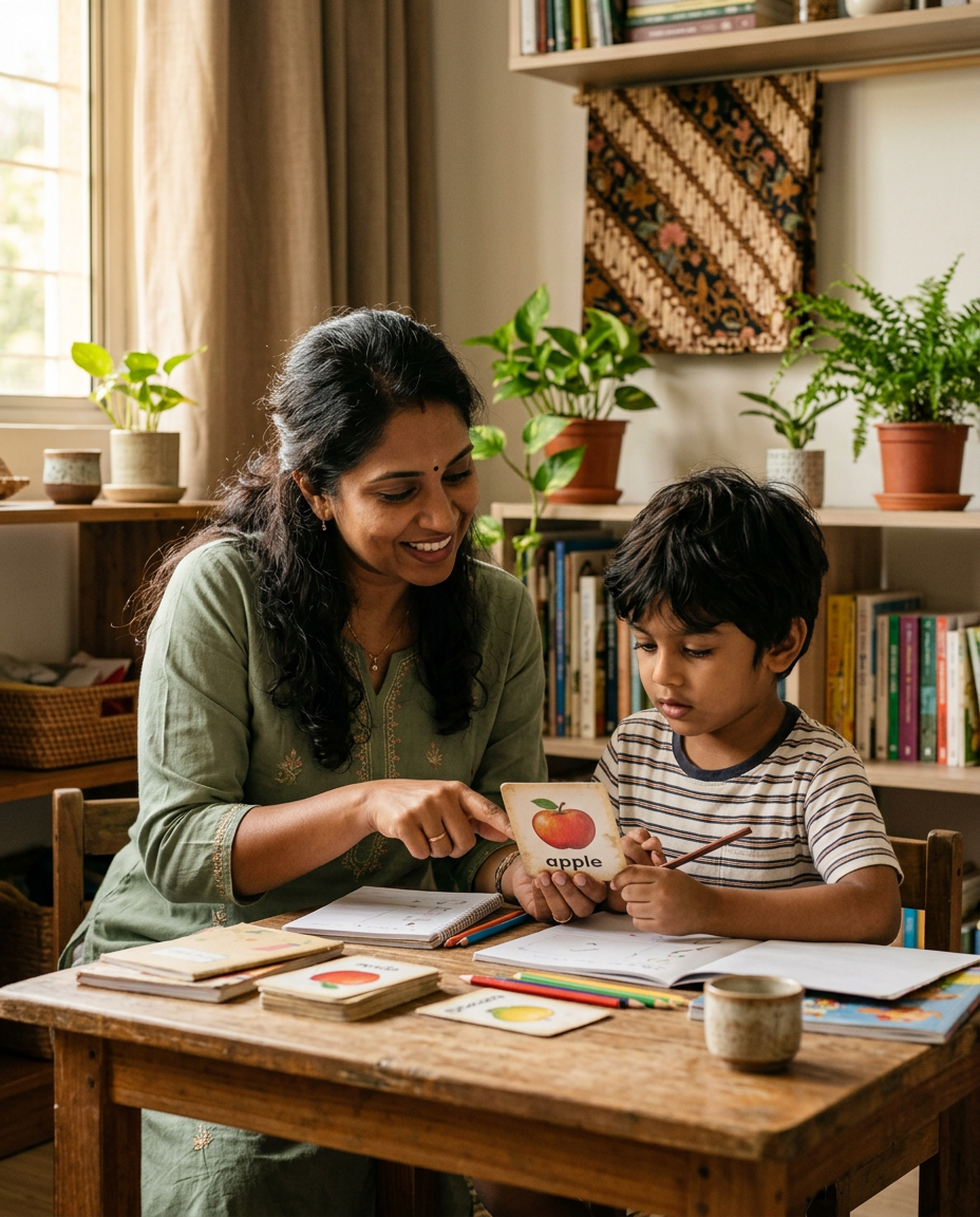 Mother teaching child with picture flashcards