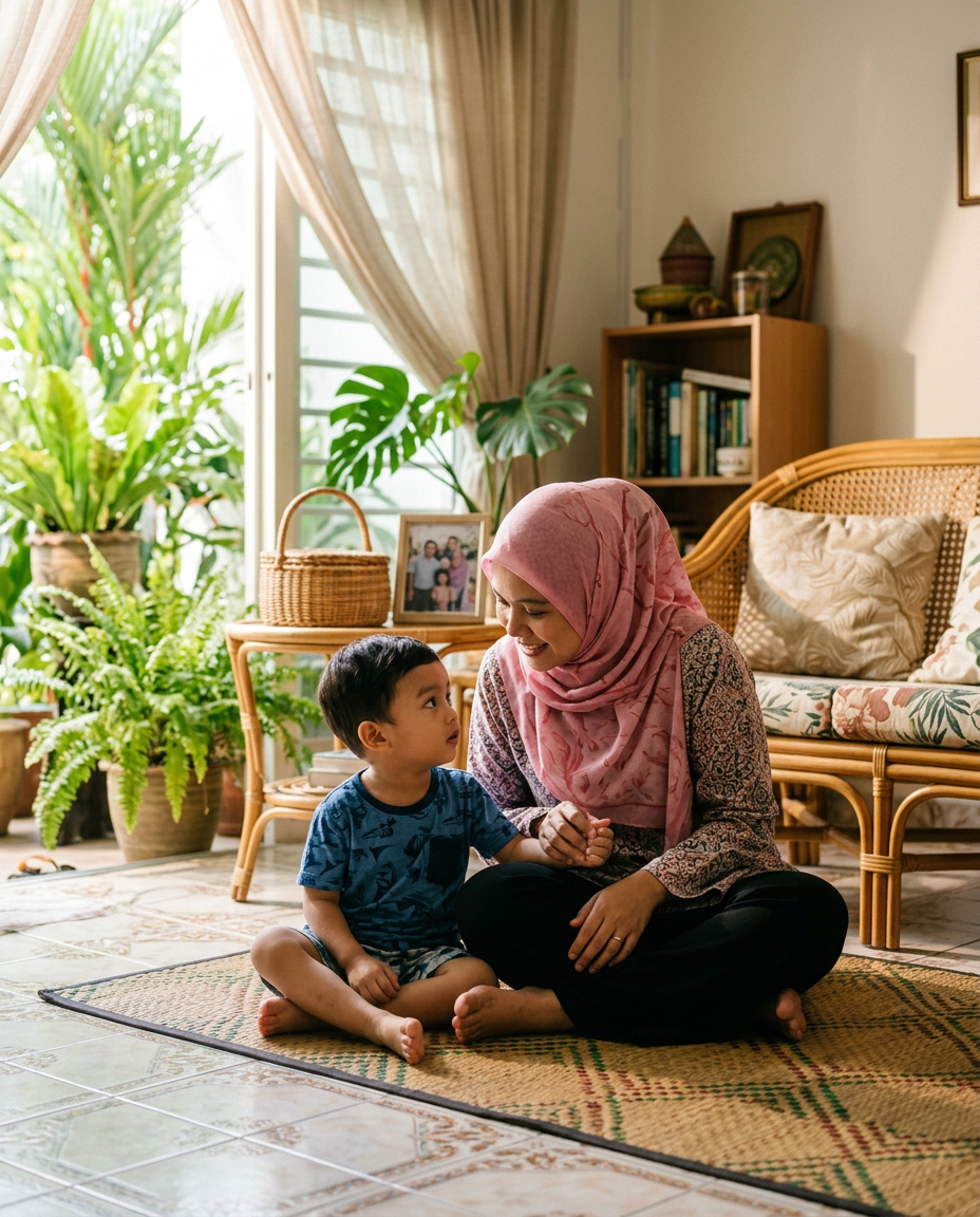 Malaysian mother observing her child at home