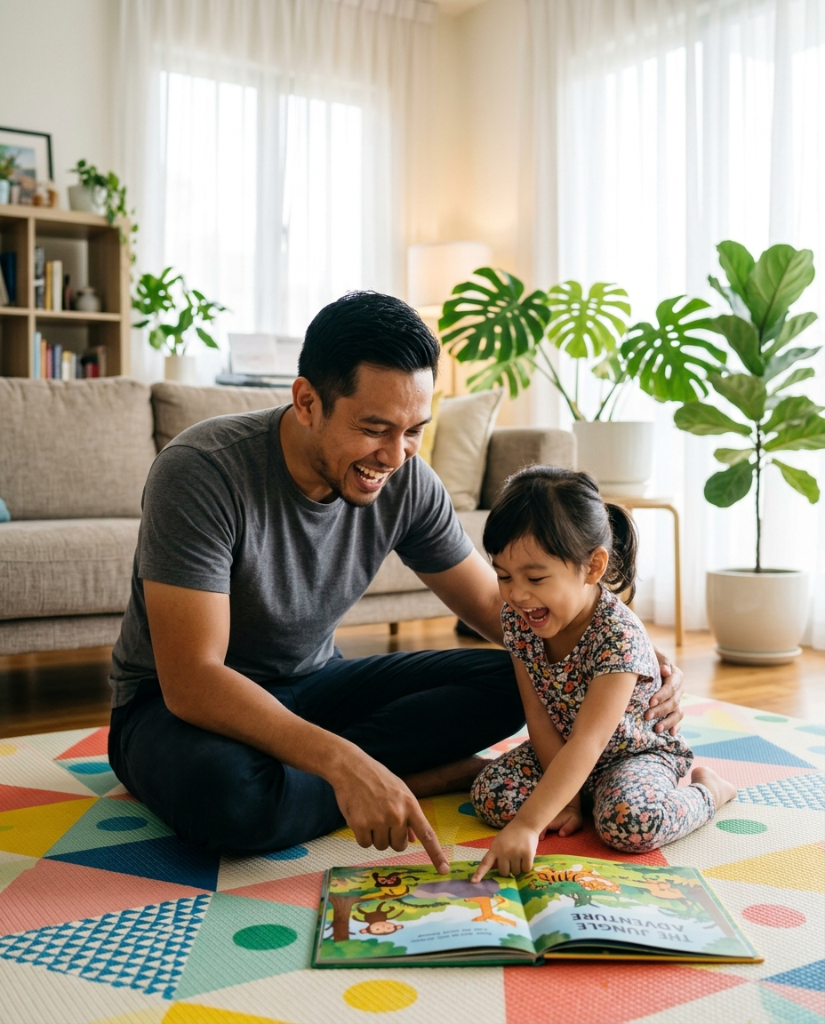 Father reading with daughter at home